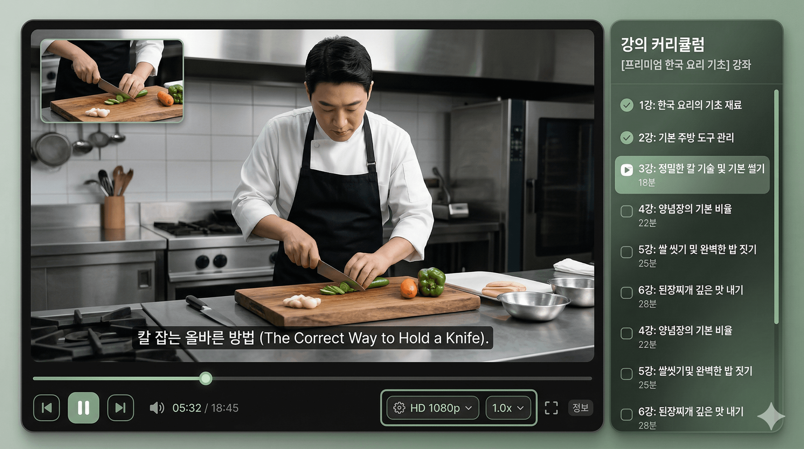 U2Pro HLS 적응형 스트리밍 플레이어로 VOD 강의를 시청하는 화면