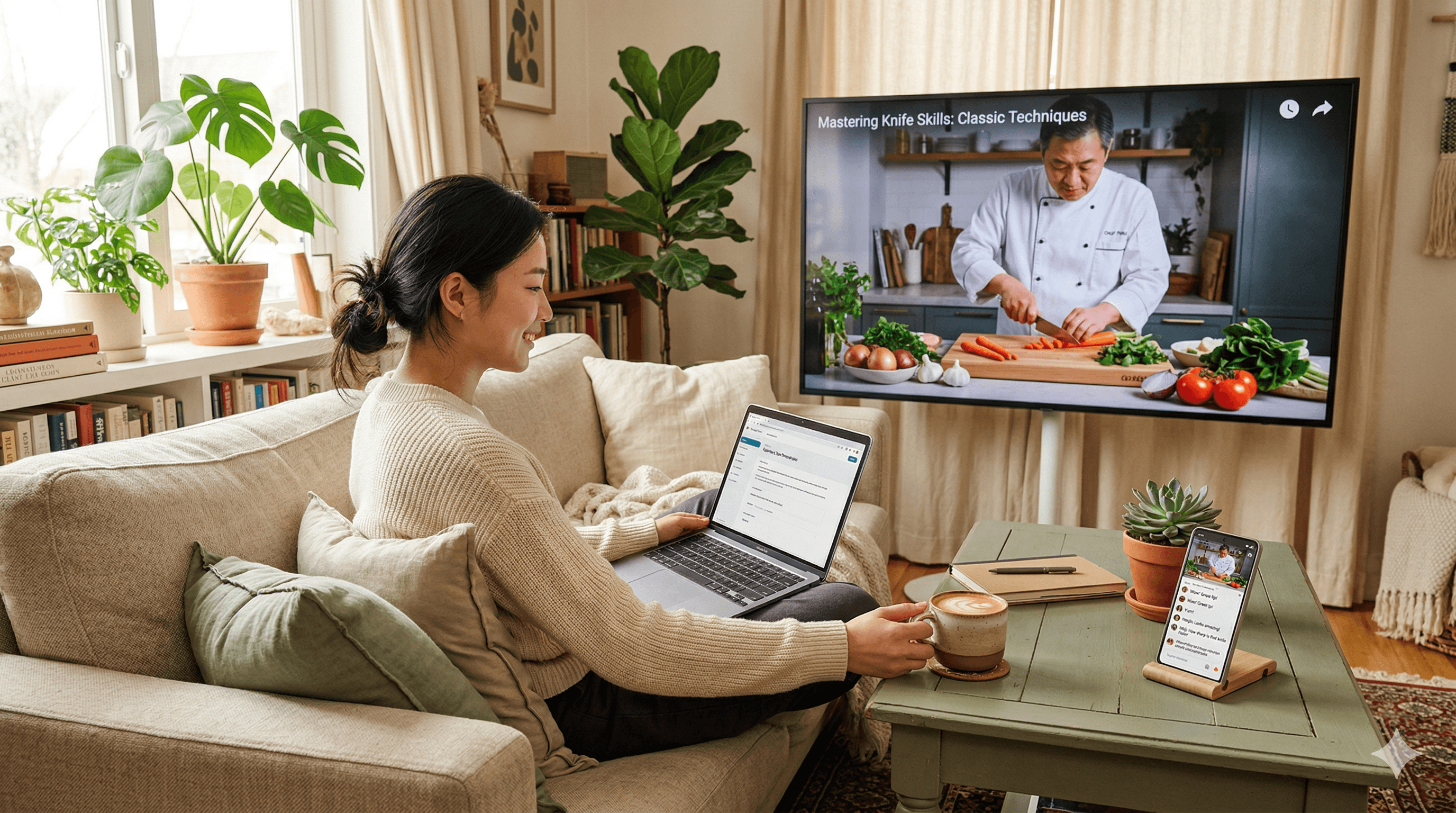 집에서 요리 강의를 시청하는 수강생