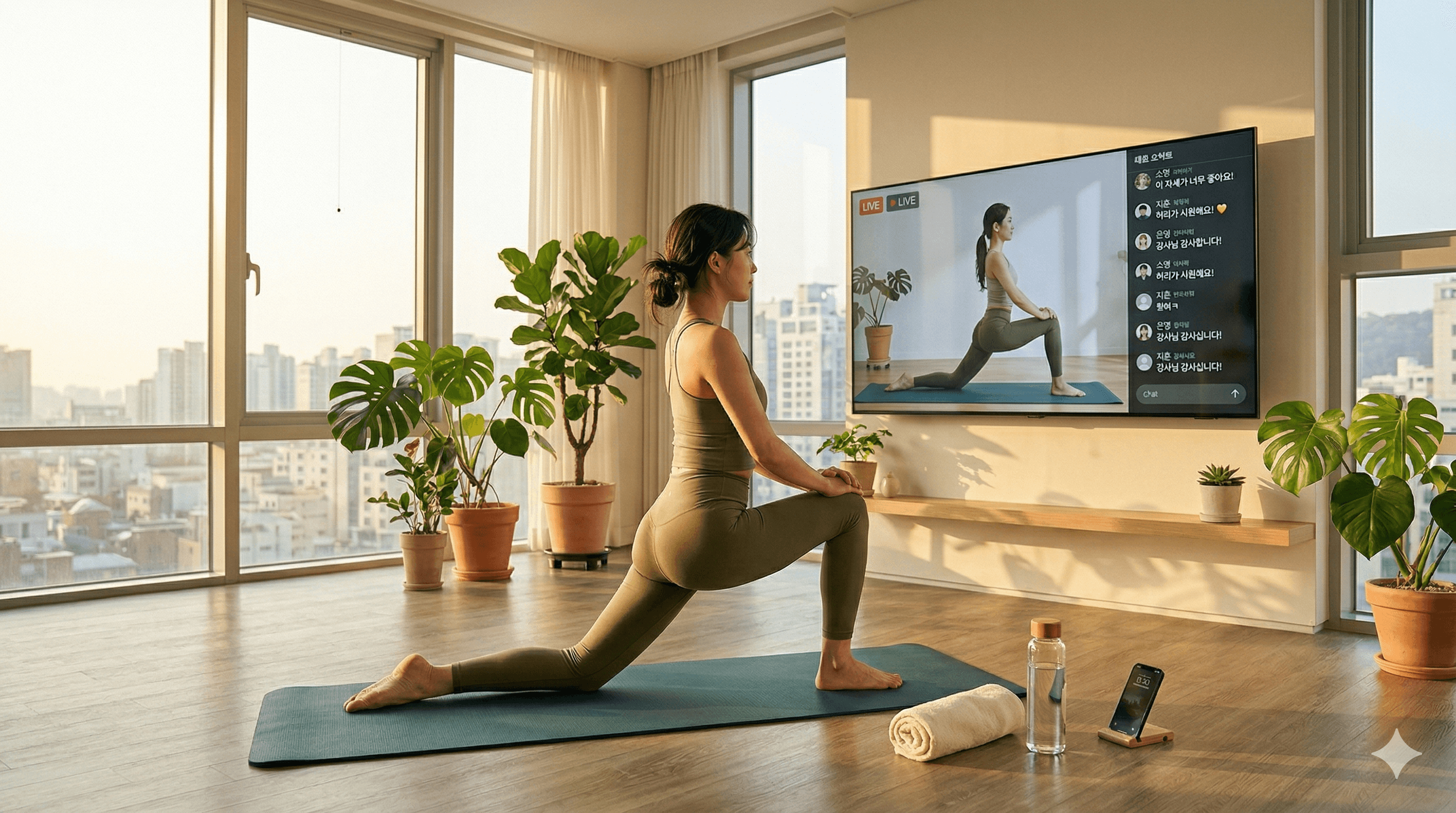 거실에서 요가 강의를 따라하는 수강생